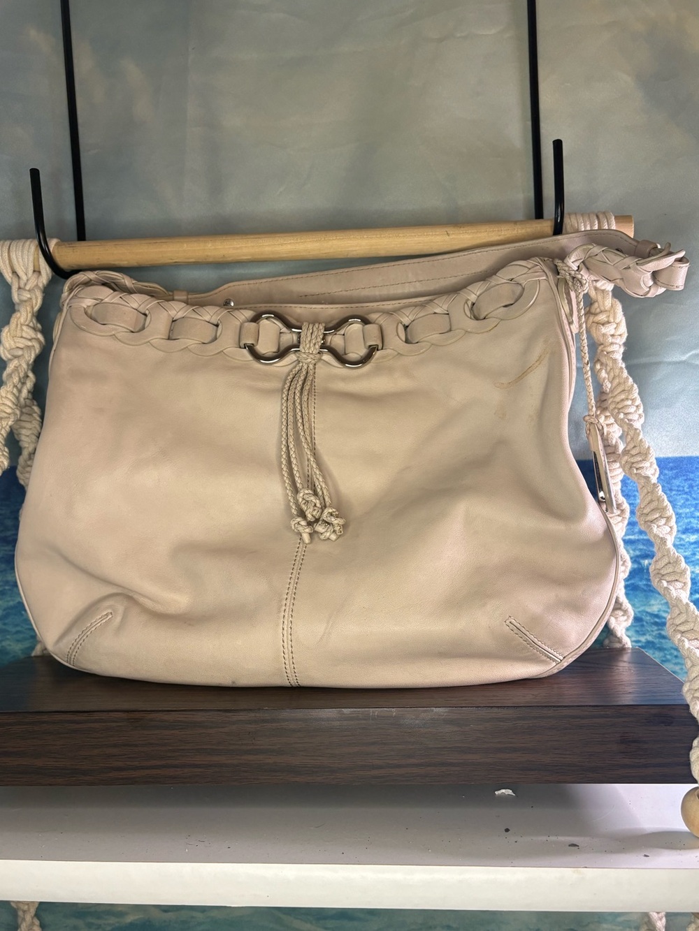 Cole Haan Neutral Leather Shoulder Bag with Braided Accent